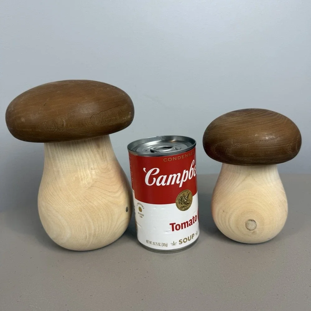 2 Mushroom Shape Wood Containers with Removable Mushroom Cap Lids Decor